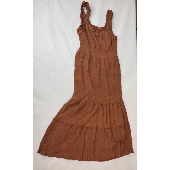 Lucky Brand Boho Maxi Dress Ruffle Prairie Tiers Burnt Orange Gauze Rayon Small - Picture 4 of 9